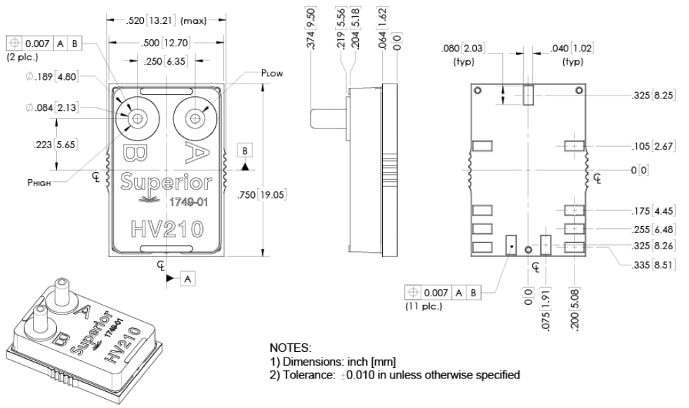 Mechanical Drawing - Superior Sensor Technology HV160 Differential Low-Pressure Sensors